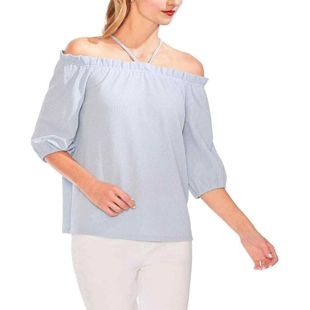 Vince‎ Camuto Women's Bluebell Tie Back 3/4 Sleeve Off Shoulder Top Blue XXS New